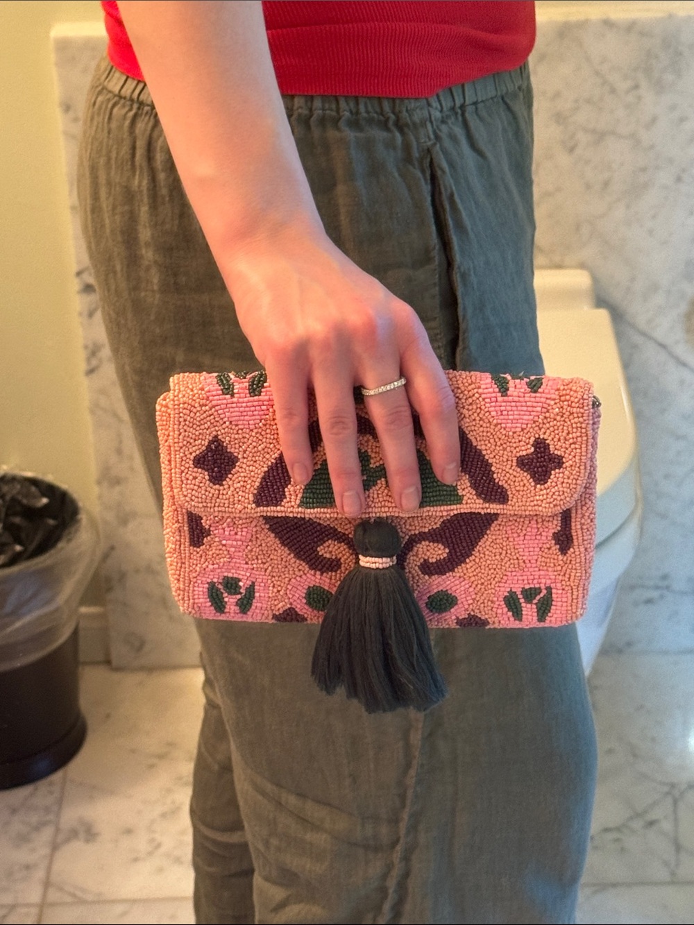 Pink Beaded Clutch with Green Tassel